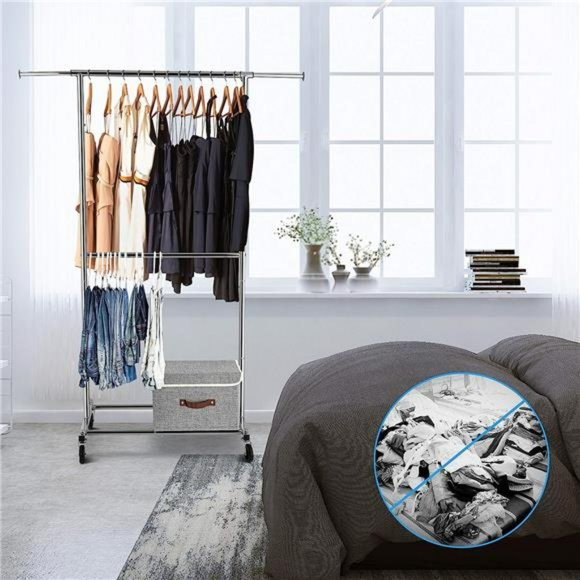 Double Rod Clothing Garment Rack, Rolling Clothes Organizer on Wheels, Chrome - Picture 5 of 6